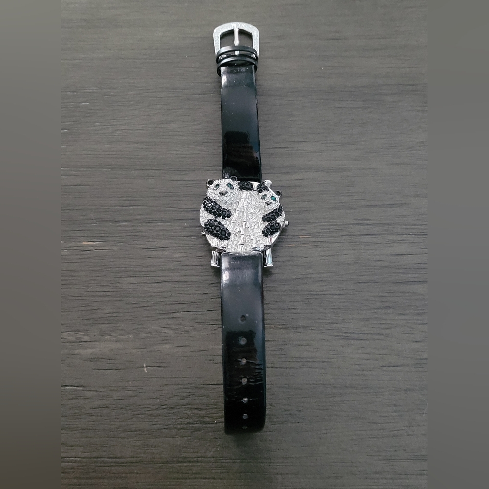 Vintage Victoria Wieck Black Leather & SS Panda Bamboo Crystal Rhinestones Watch